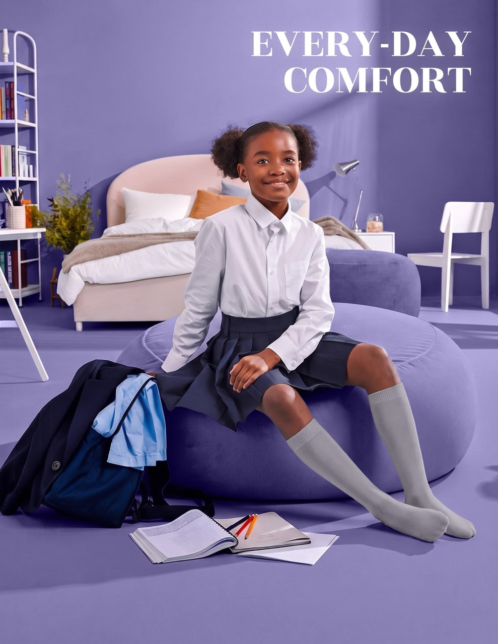 Hugh Ugoli Kids' Plain Cotton Dress Knee-High Socks, 4 Pairs in Light Grey