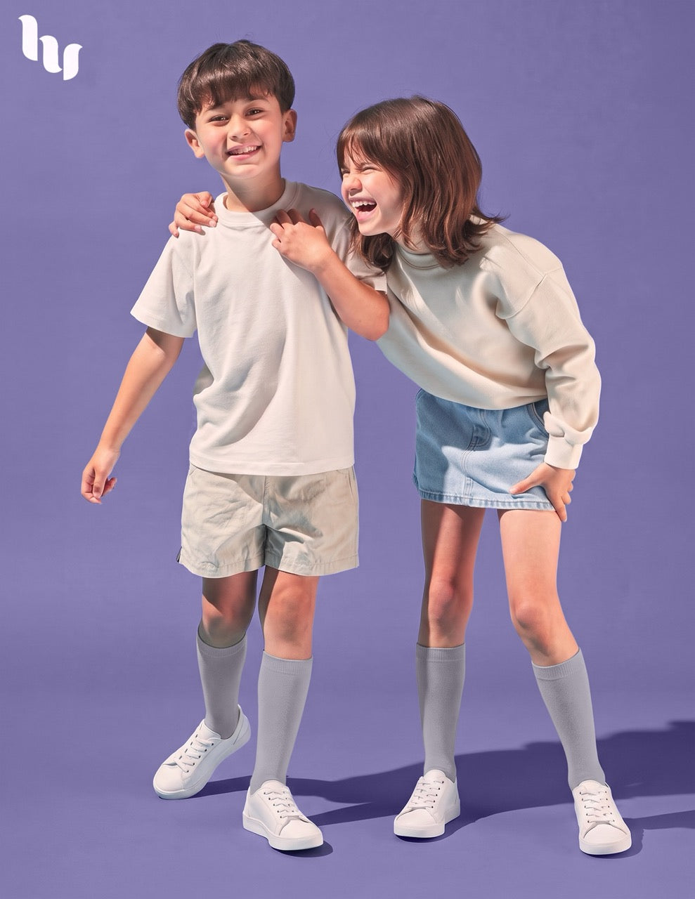 Hugh Ugoli Kids' Plain Cotton Dress Knee-High Socks, 4 Pairs in Light Grey