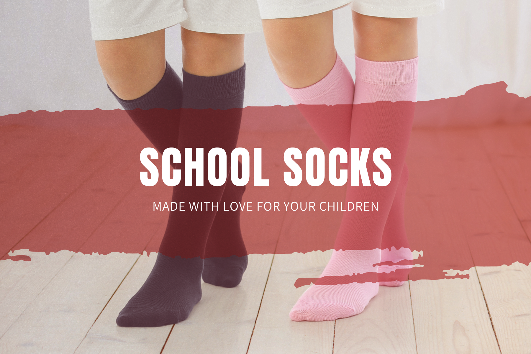 Hugh Ugoli - Kids Socks - Children wearing knee-high school socks in burgundy and pink colors, designed for everyday comfort and school wear