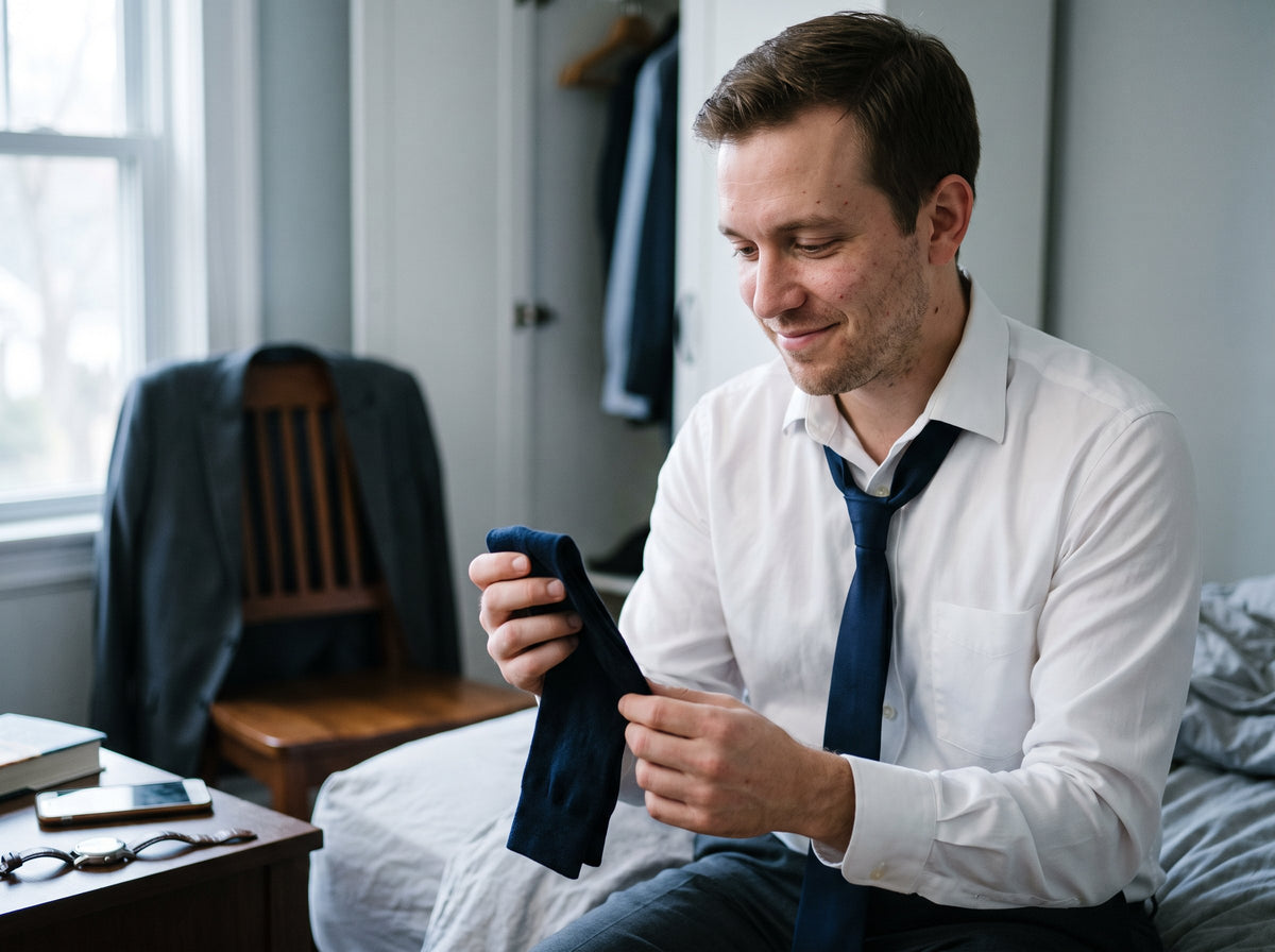 A man in a shirt and tie holding navy dress socks