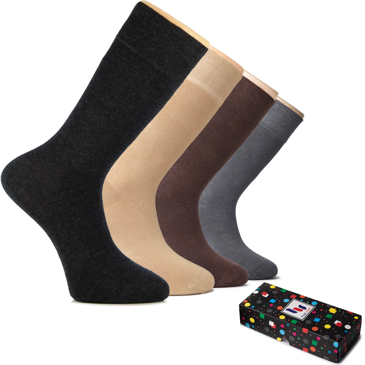 Four pairs of socks in charcoal, beige, brown, and gray with a polka dot box on a white background.