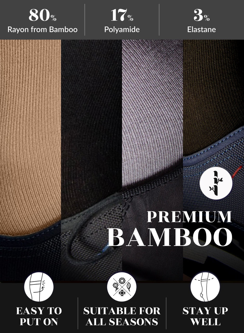 Textured fabric swatches with bamboo content information and shoe design.