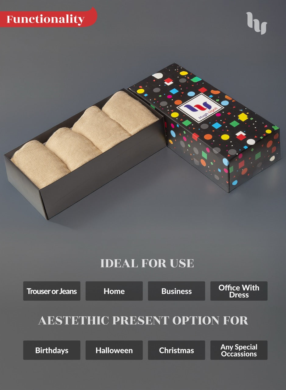 Box of beige socks with a colorful design on a gray background