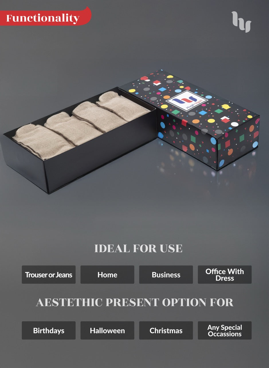 Box of beige socks with a colorful pattern on a gray background