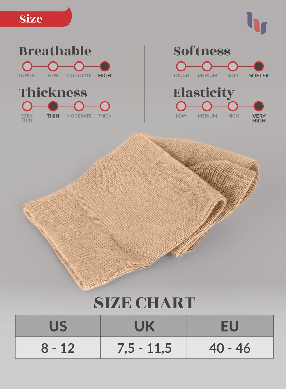Beige fabric sample with size chart and texture properties on a gray background