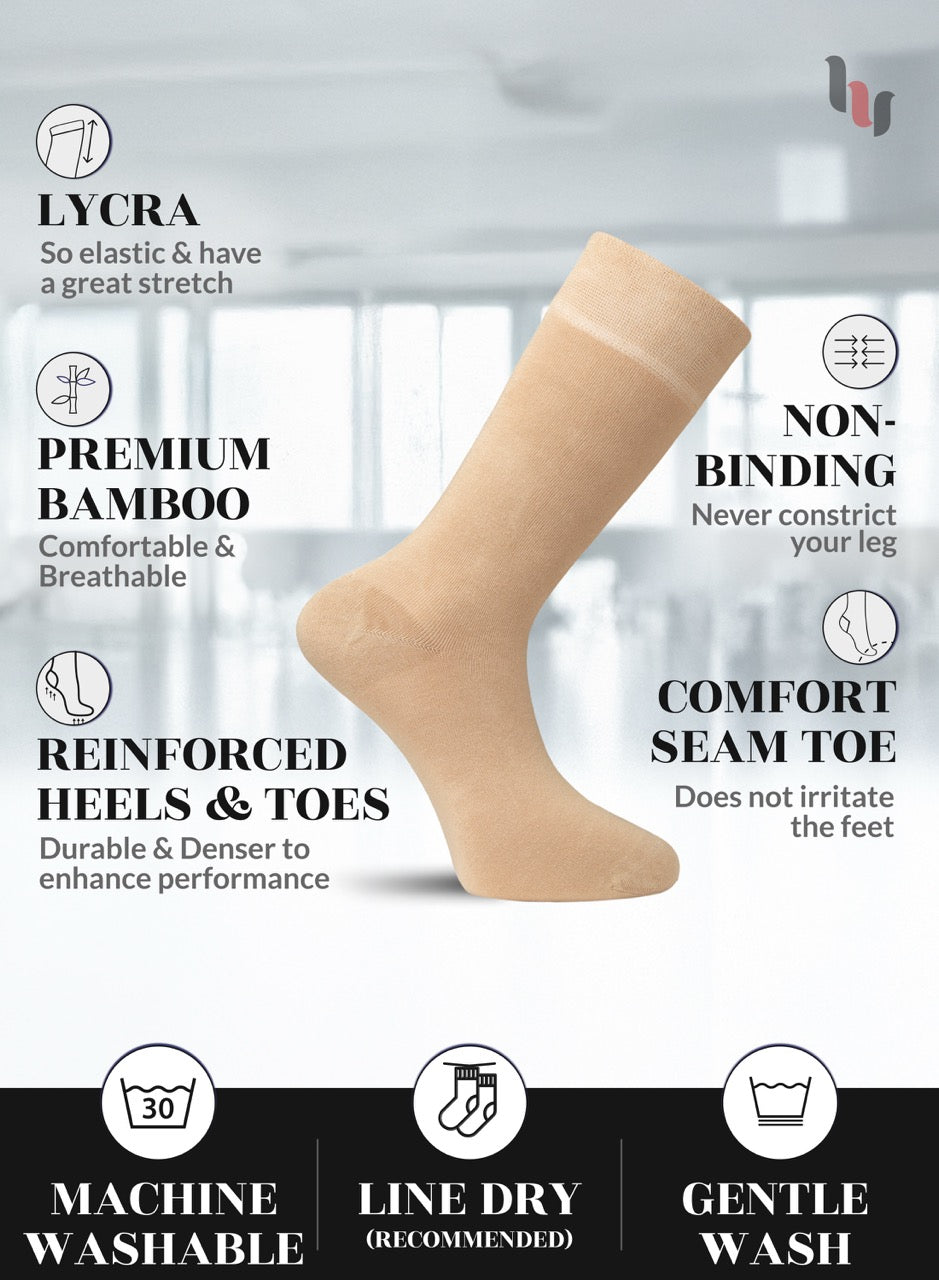 Beige sock with features listed on a white background