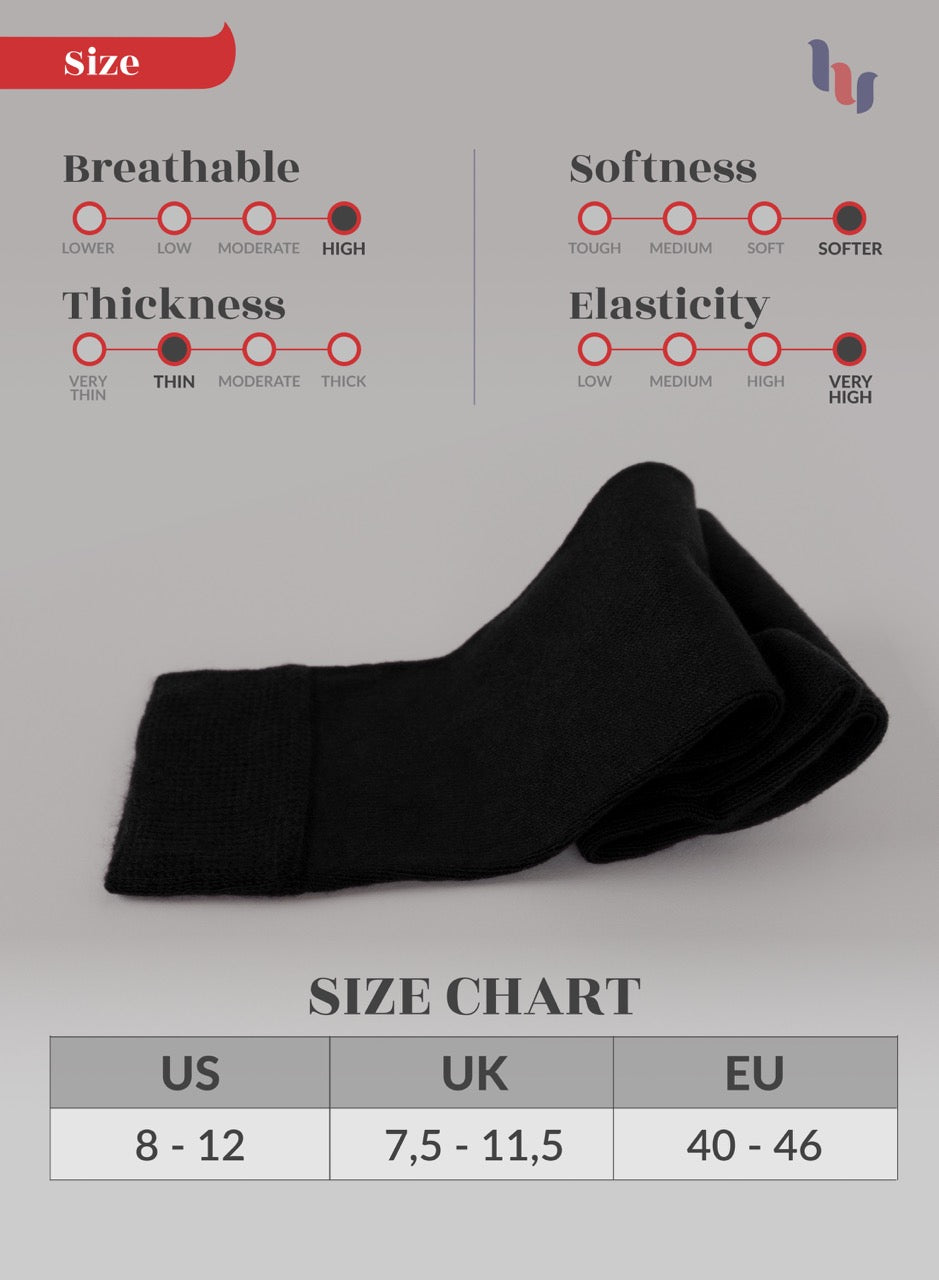 Black sock with size chart and rating on a gray background