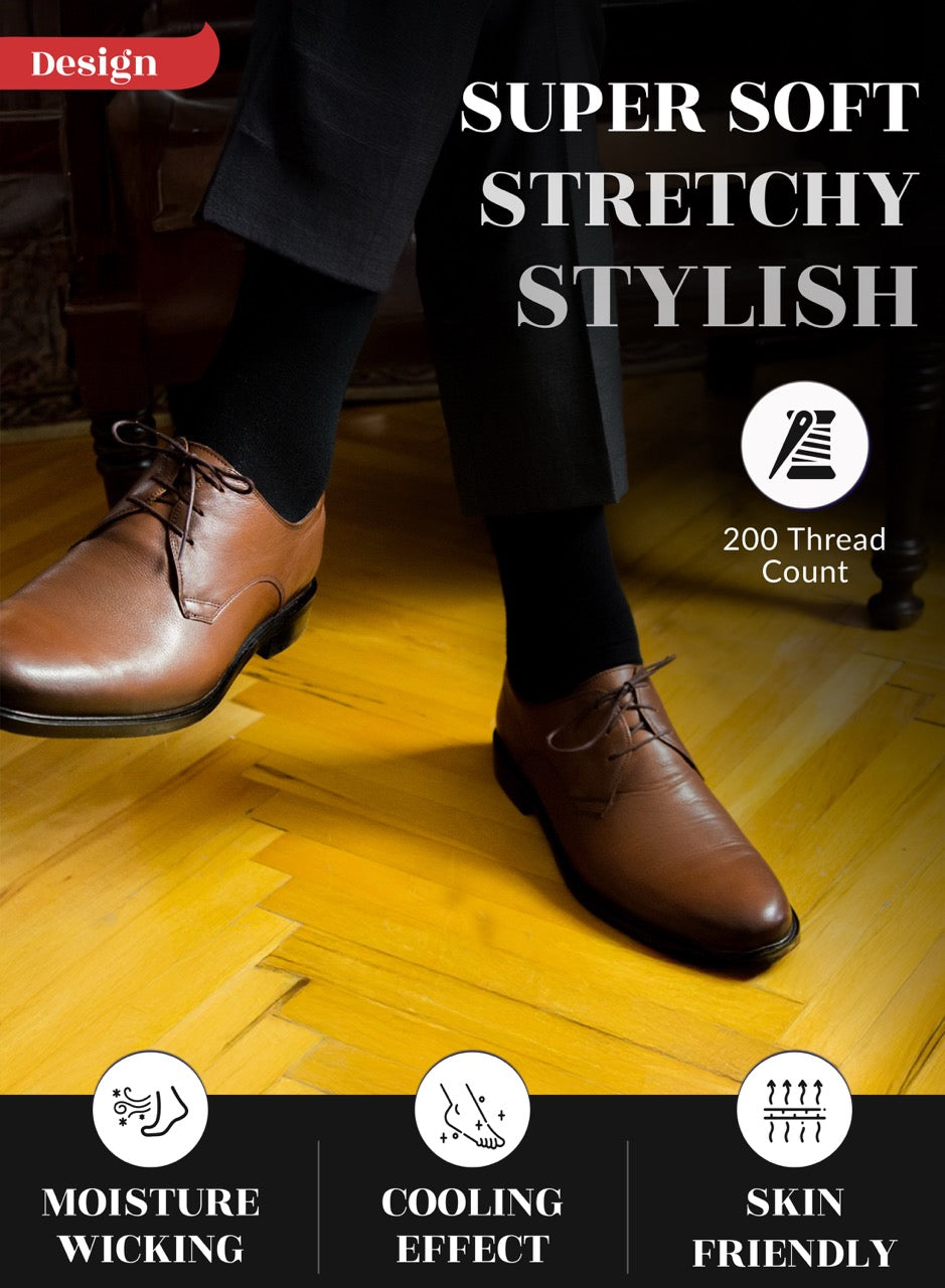 Black socks on a wooden floor with text highlighting features like 'Super Soft', 'Stretchy', 'Stylish', 'Moisture Wicking', 'Cooling Effect', and 'Skin Friendly'.