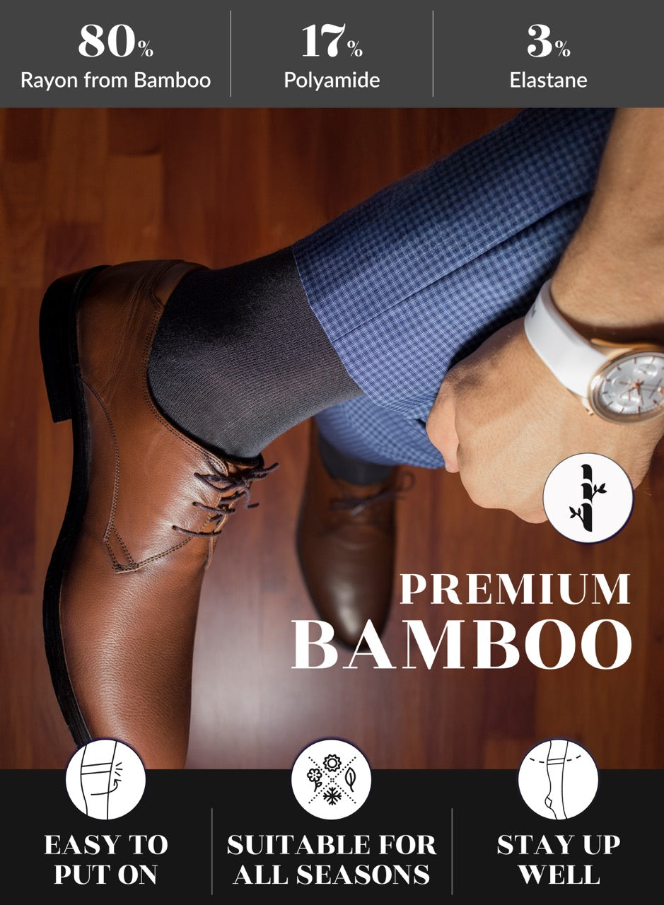 Brown dress shoes with a person wearing them, highlighting bamboo shoe material and features charcoal socks.