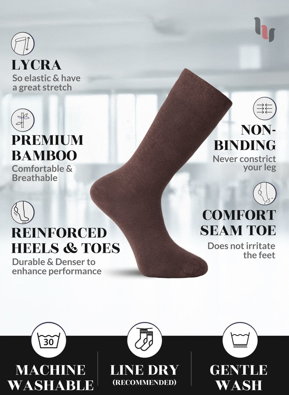 Brown sock with features listed on a white background