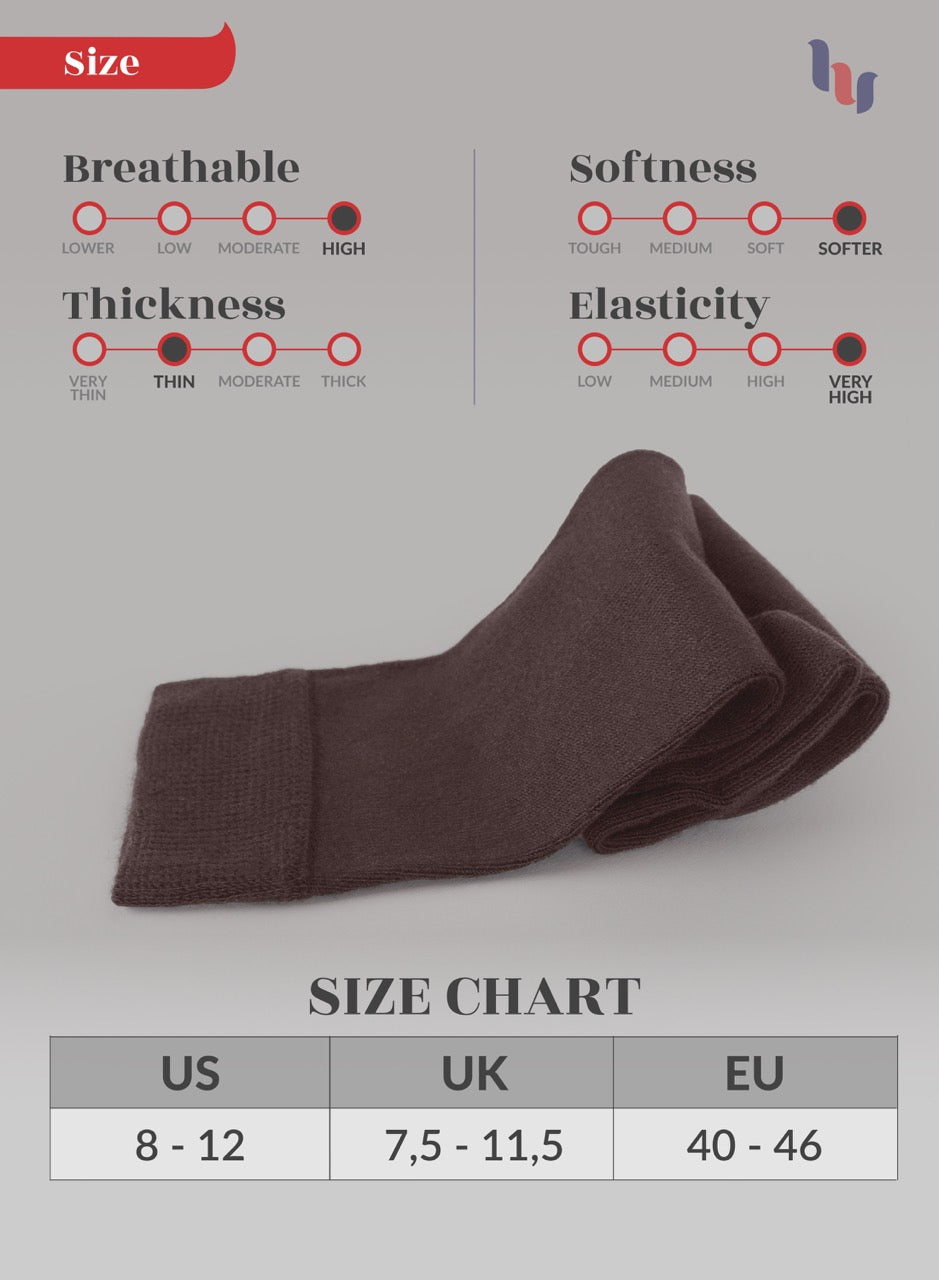 Brown sock with size chart and rating on a gray background