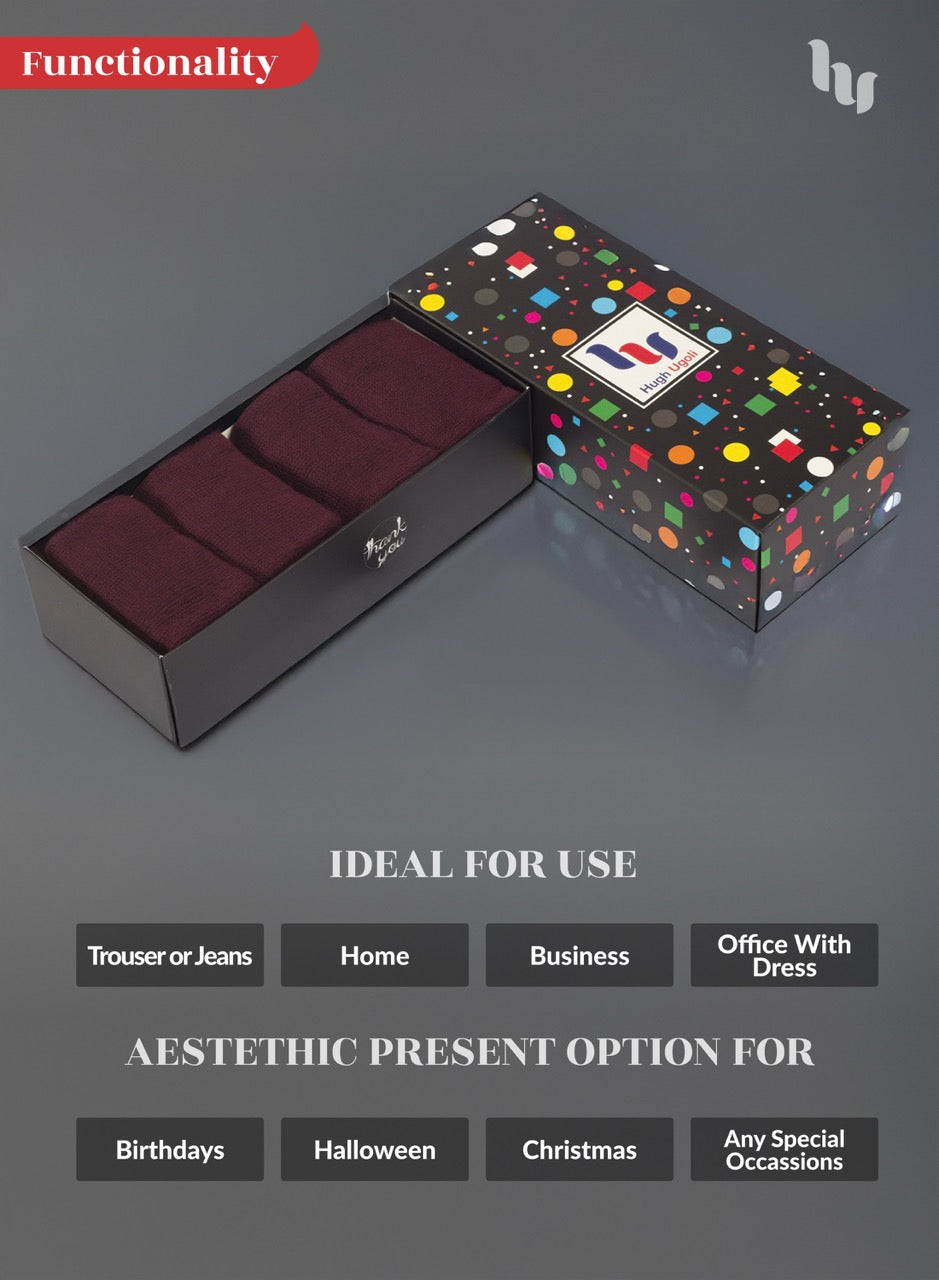 Burgundy fabric in a box with a colorful patterned lid on a gray background