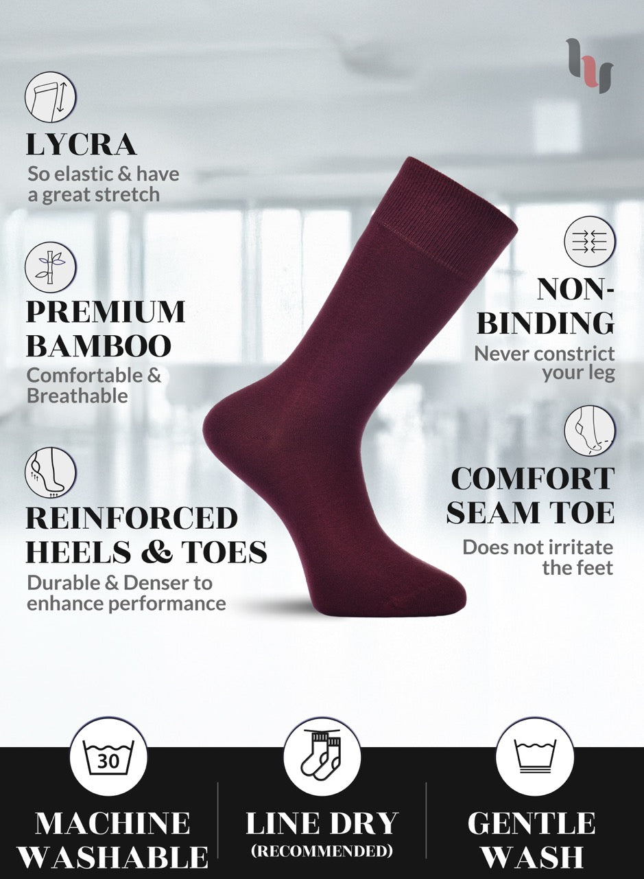Burgundy sock with features listed on a white background