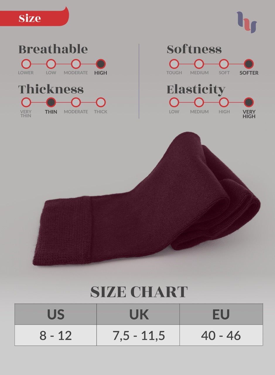 Burgundy sock with size chart and on a gray background