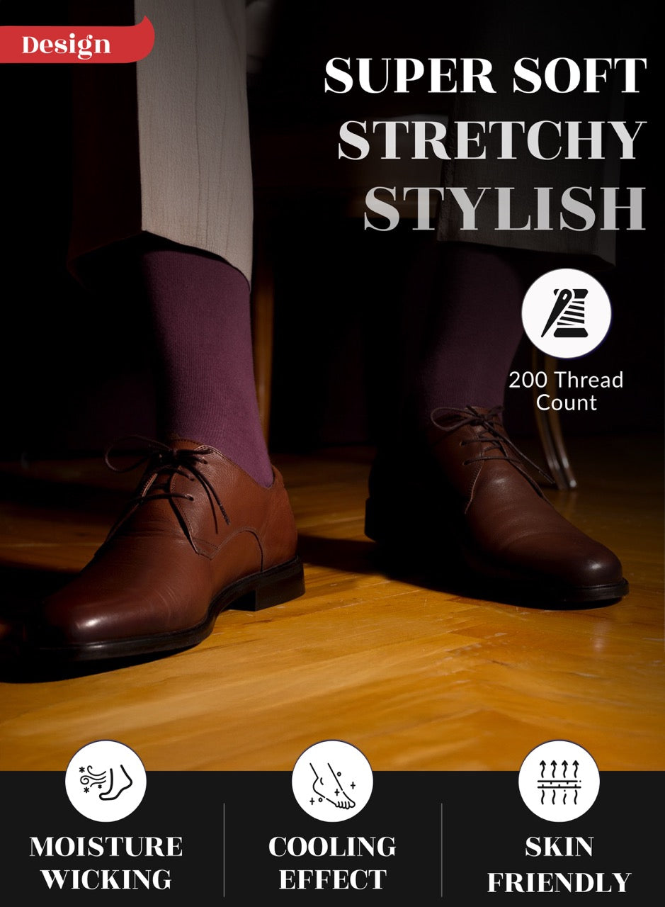 Burgundy socks with brown shoes on a wooden floor, highlighting features like 'Super Soft', 'Stretchy', 'Stylish', 'Moisture Wicking', 'Cooling Effect', and 'Skin Friendly'.