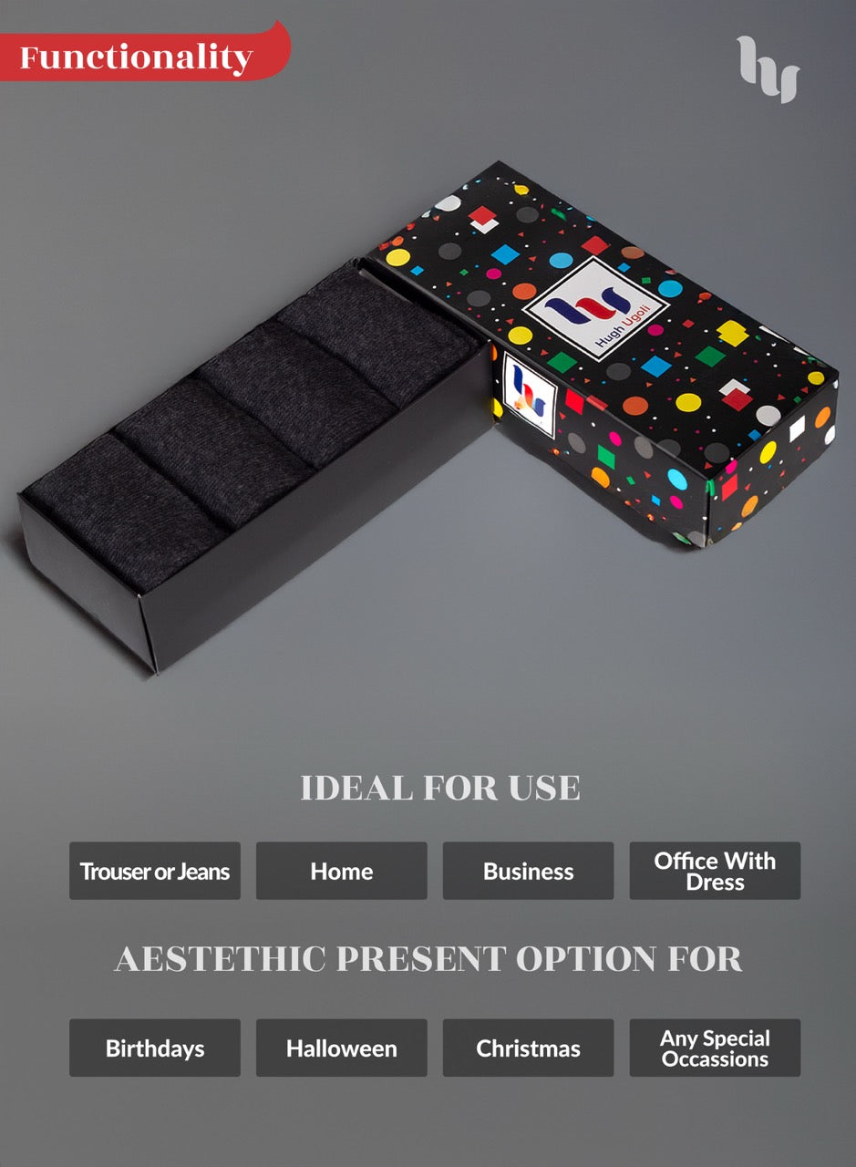 Charcoal socks box with colorful polka dot design and a brand logo on a gray background