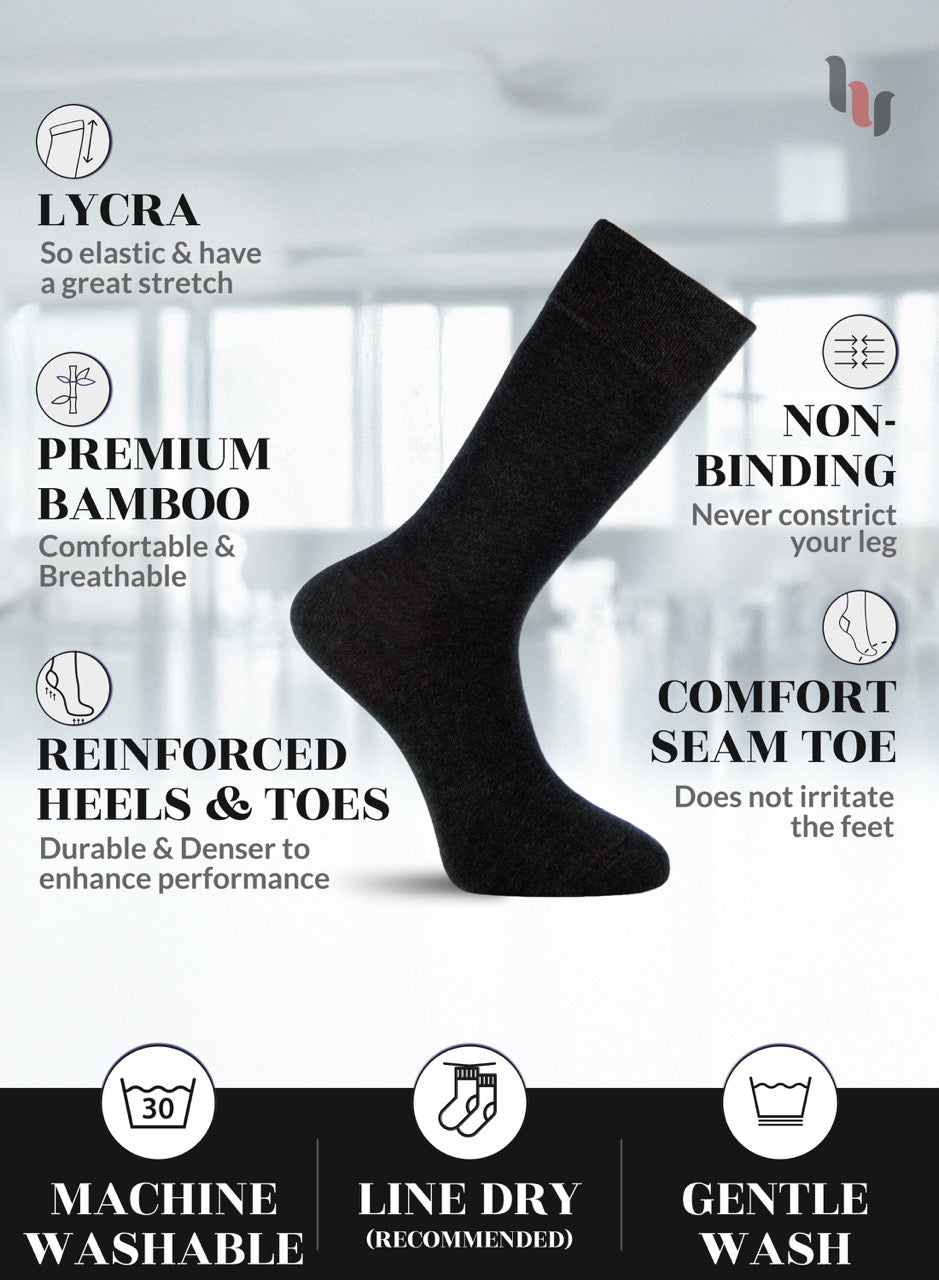 Charcoal sock with features listed on a white background