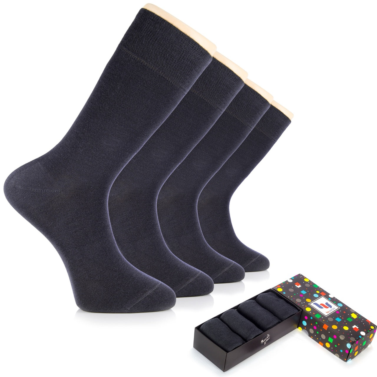 Set of charcoal grey socks with a box featuring a multicolor design on a white background
