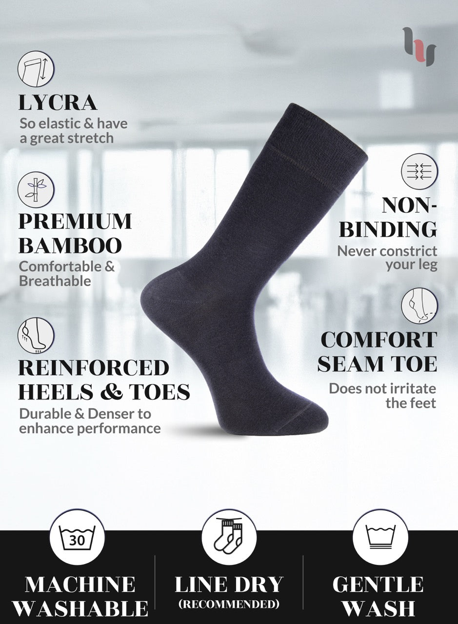 Charcoal grey sock with features listed on a white background