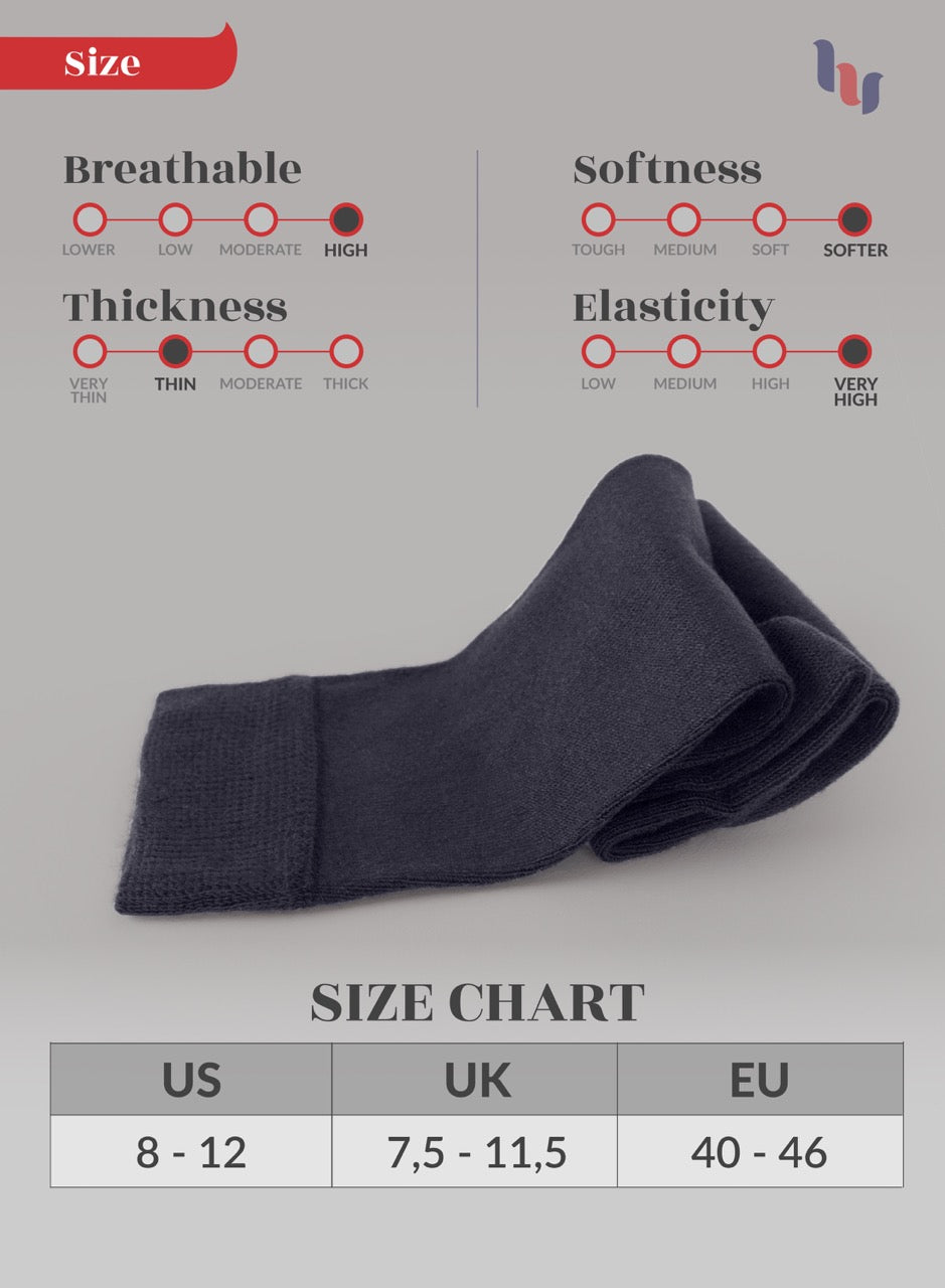 Charcoal gray sock with size chart and rating on a gray background