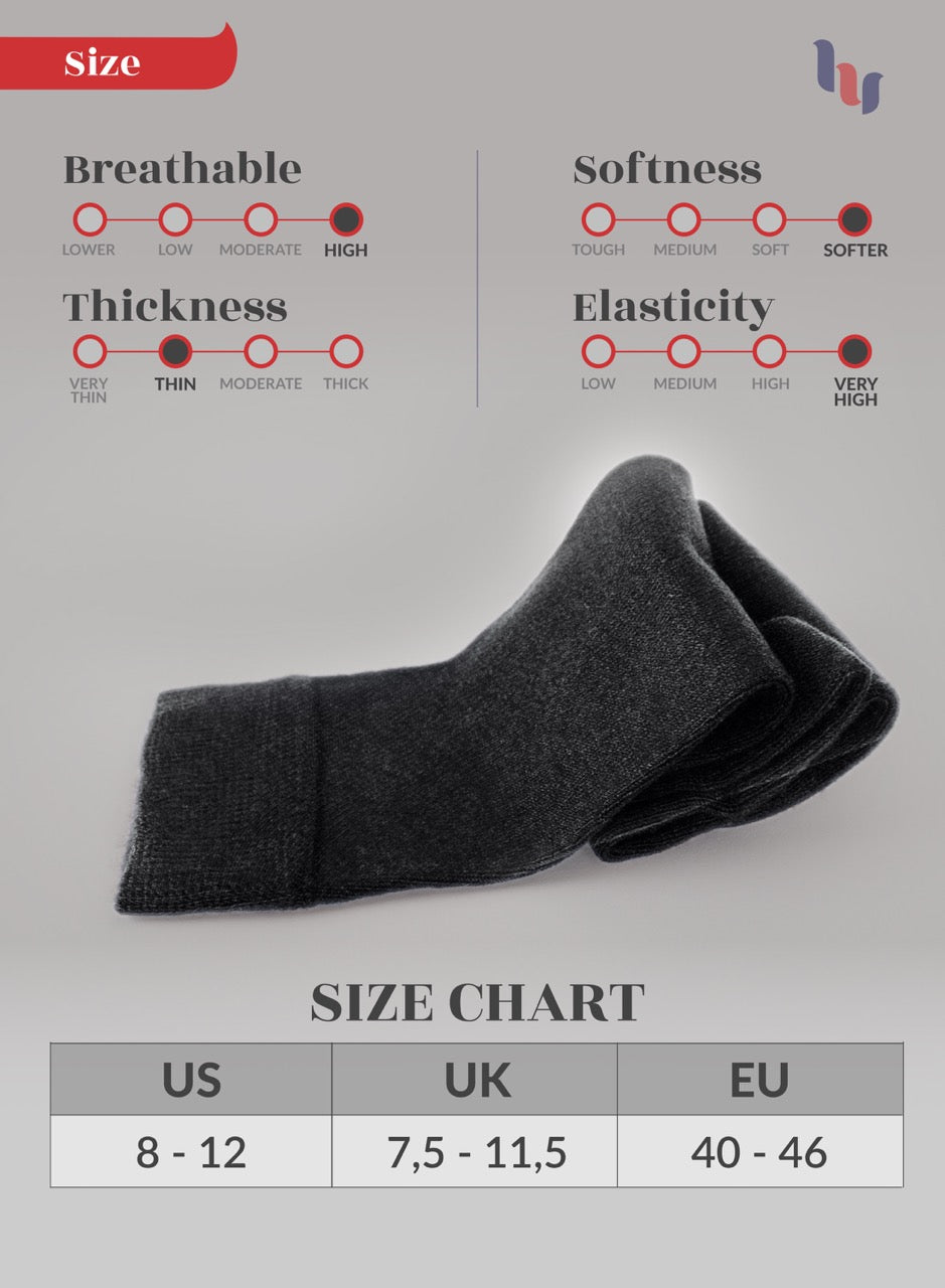 Charcoal sock with size chart and rating on a gray background