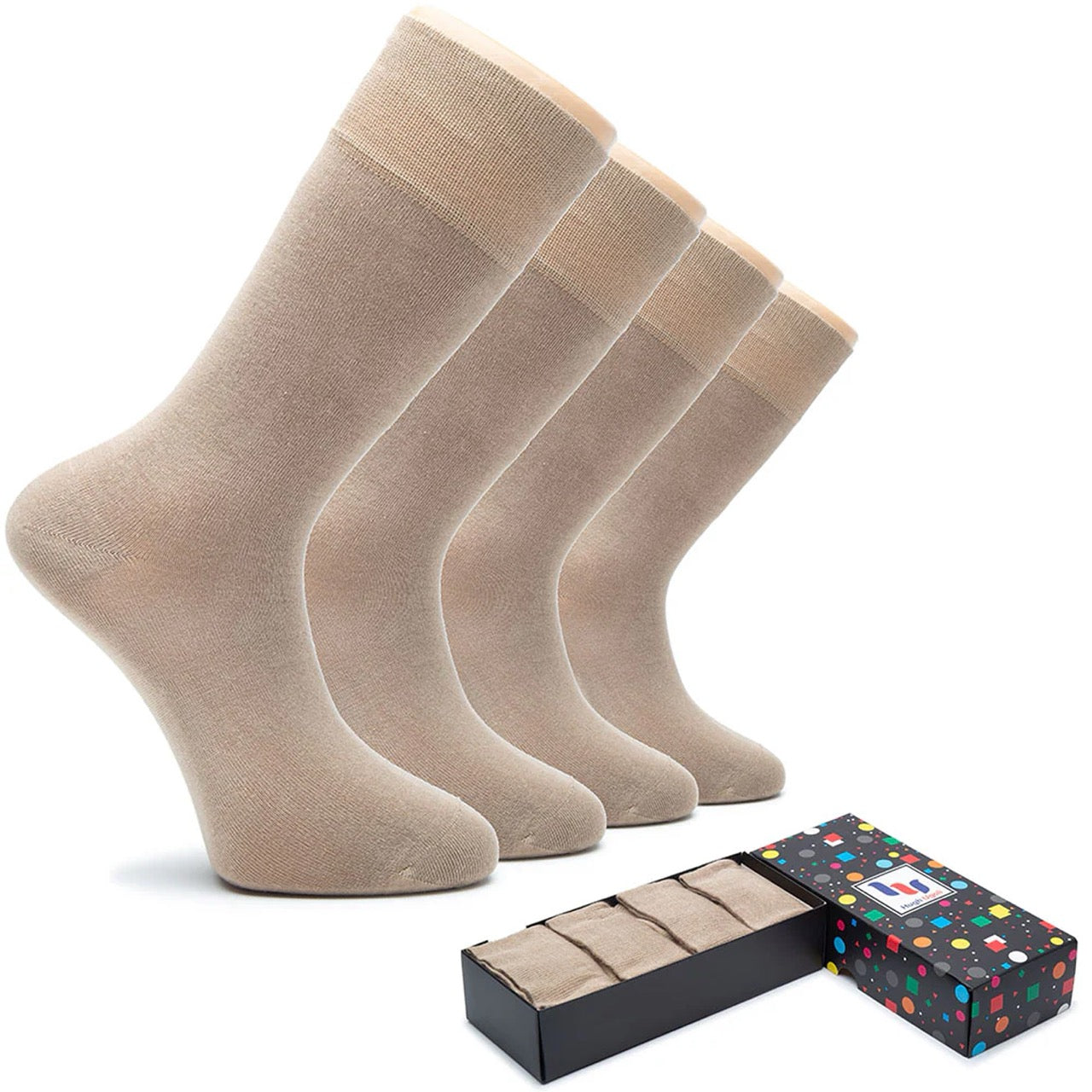 Set of dark beige socks with a matching box on a white background