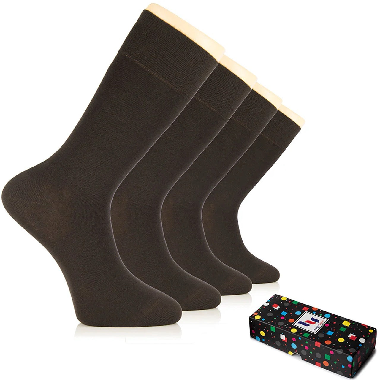 Set of dark brown socks with a colorful box on a white background