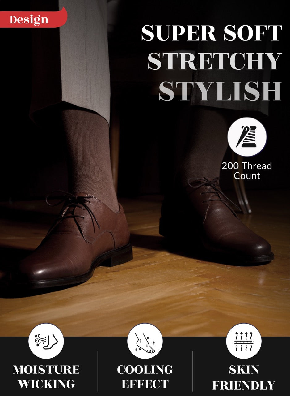 Dark brown socks dress shoes with text highlighting features on a wooden floor.