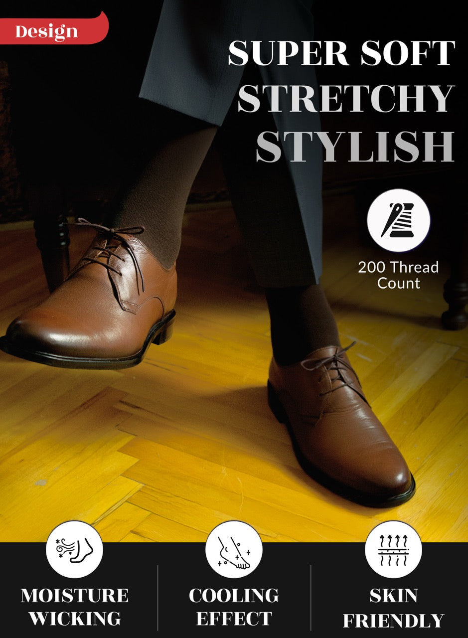 Dark brown dress shoes on a wooden floor with text highlighting features like 'Super Soft', 'Stretchy', 'Stylish', 'Moisture Wicking', 'Cooling Effect', and 'Skin Friendly'.