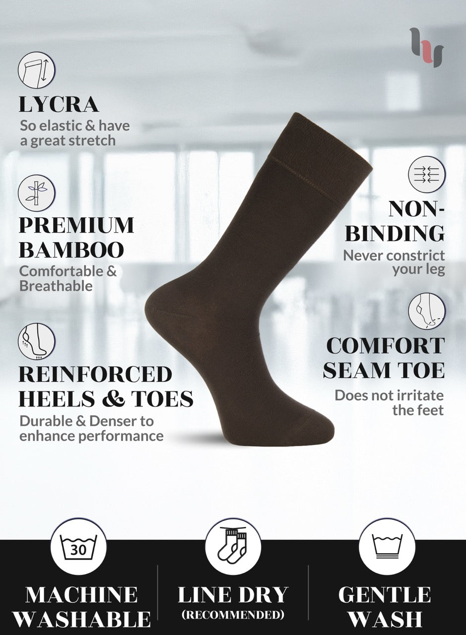Dark brown sock with features listed on a white background