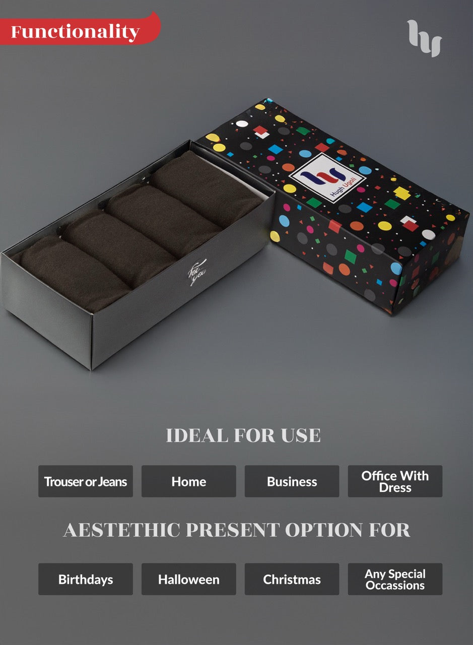 Dark brown socks box with polka dot design and brown items inside on a gray background
