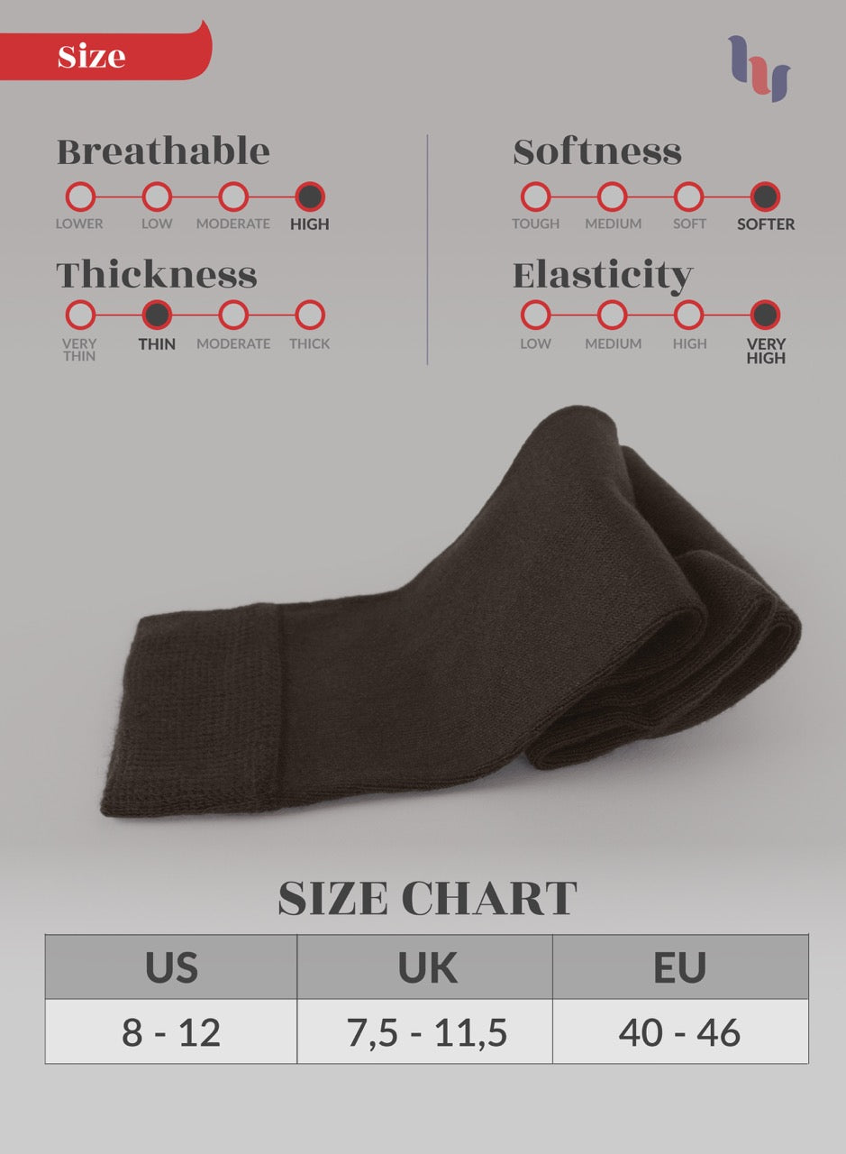 Dark brown sock with size chart and on a gray background