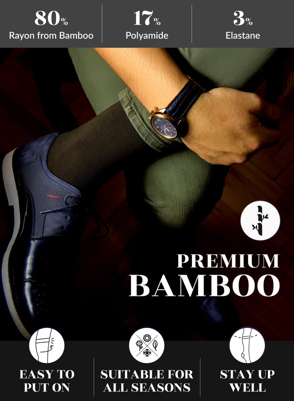 Person wearing a watch with text on Dark brown socks bamboo content and product features.