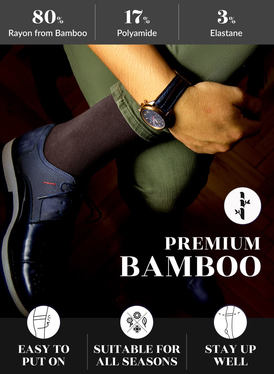 Person wearing a Dark brown sock with a black shoe and watch, highlighting bamboo sock features.