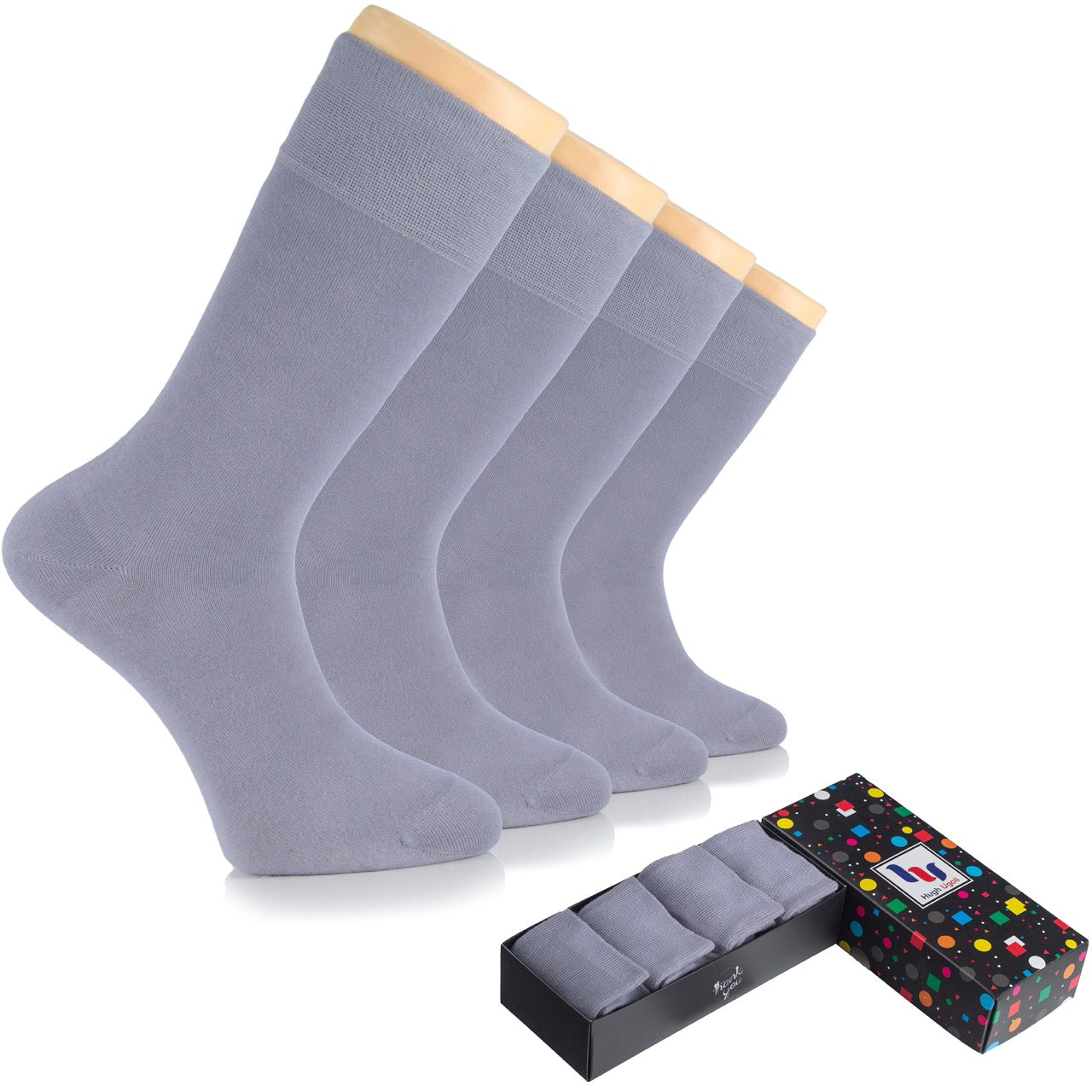 Set of light gray socks with a colorful box on a white background