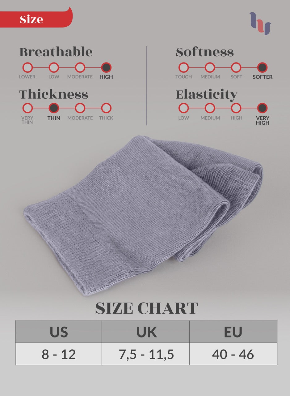 Light Gray sock with size chart and on a gray background