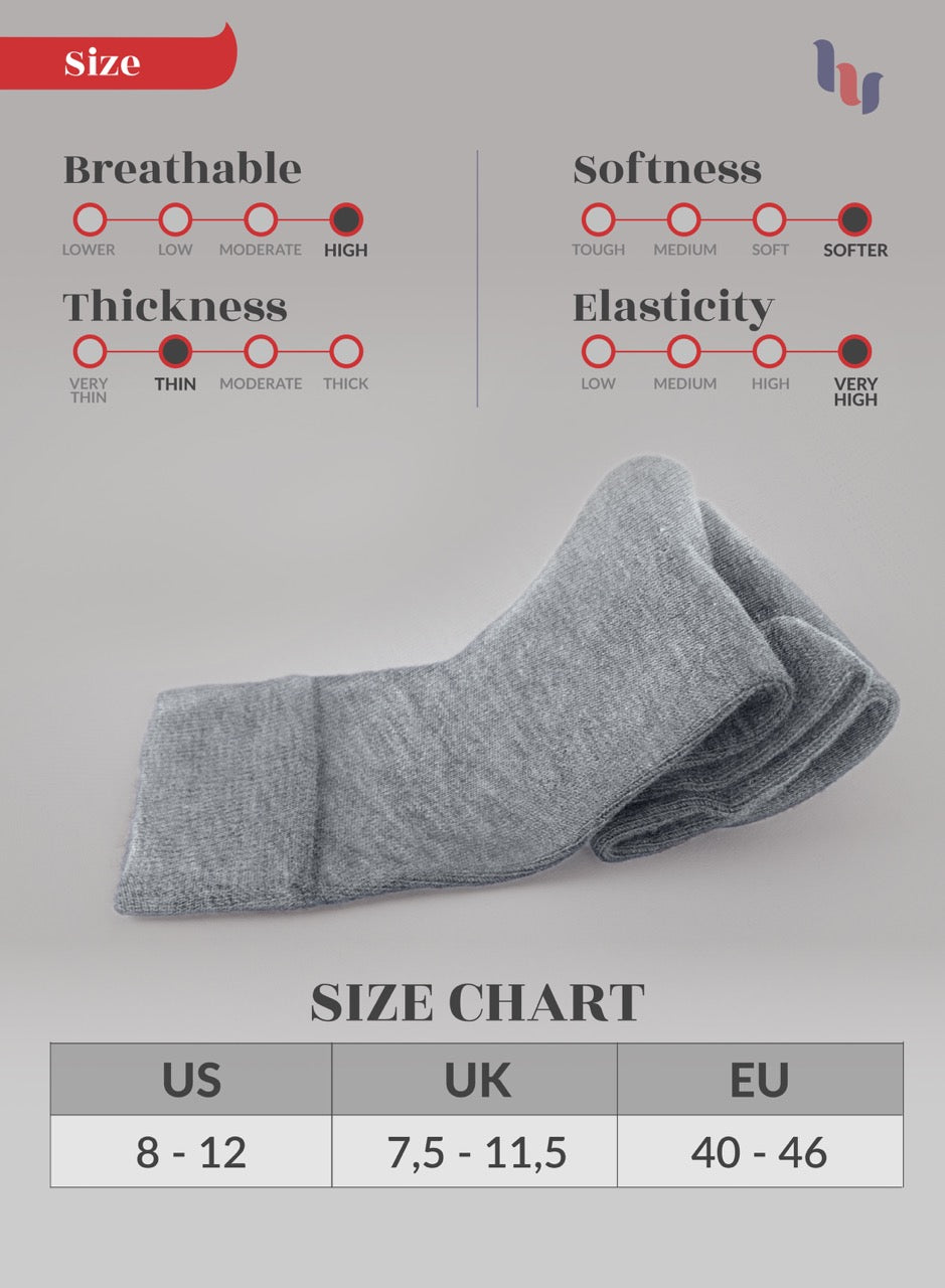 Light Gray sock with size chart and rating on a gray background