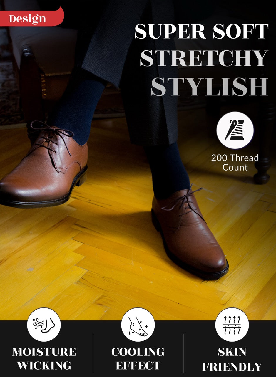 Navy blue socks Brown leather shoes on a wooden floor with text highlighting features like 'Super Soft', 'Stretchy', 'Stylish', 'Moisture Wicking', 'Cooling Effect', and 'Skin Friendly'.
