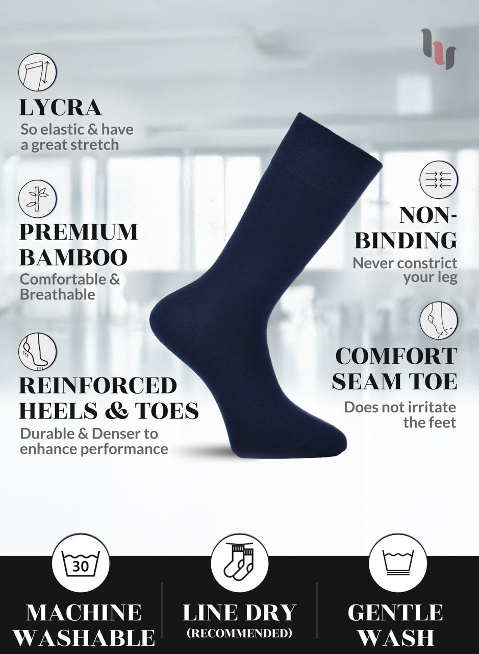 Navy blue sock with features listed on a white background