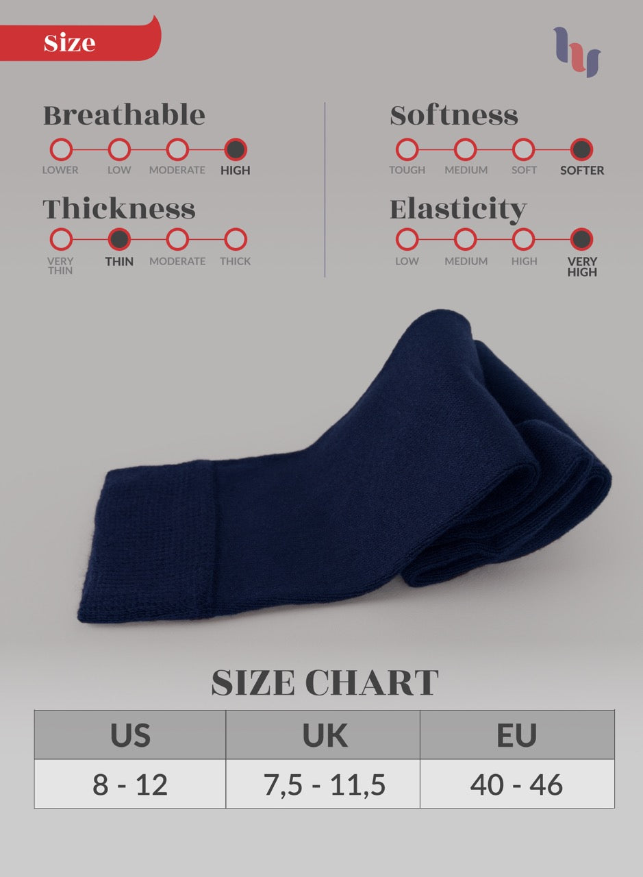 Navy blue sock with size chart and rating on a gray background