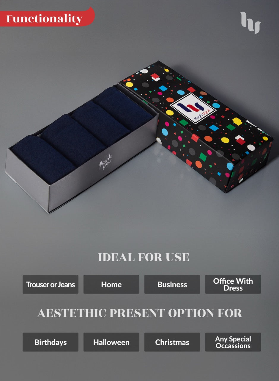 Navy blue socks Two box sets on a gray background with text indicating functionality and aesthetic options.