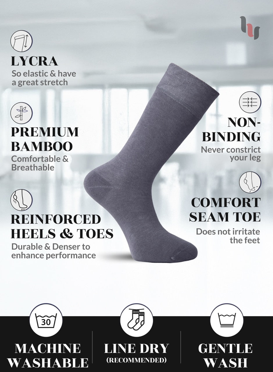 Smoke gray sock with features listed on a white background