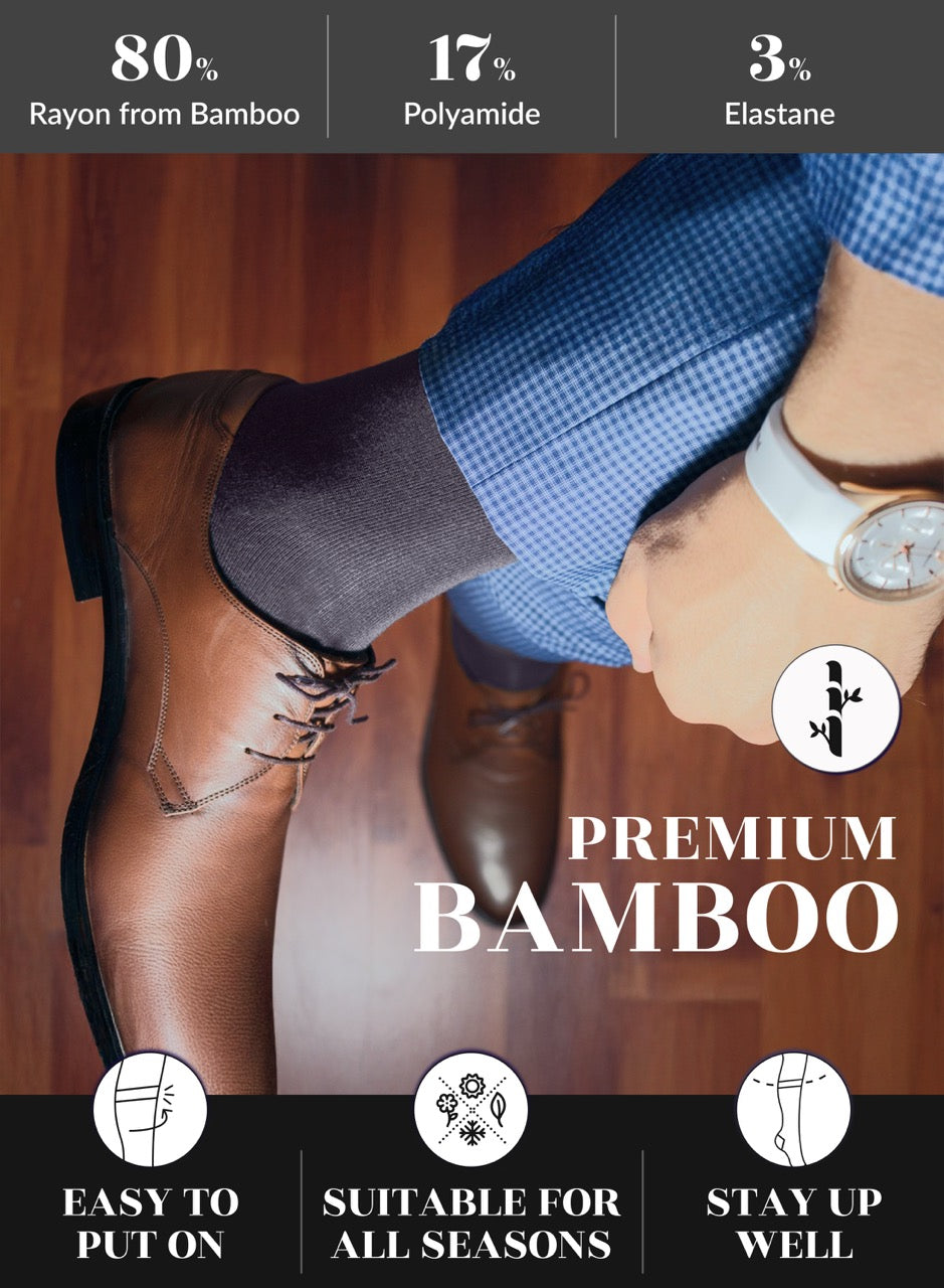 Person wearing Smoke gray socks and brown shoes with text about bamboo fabric composition and benefits.