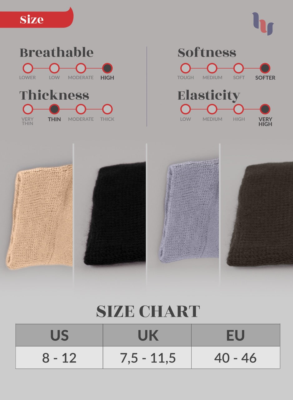 Textured fabric beige, black, light grey, dark brown socks swatches with size chart and brand logo on a gray background