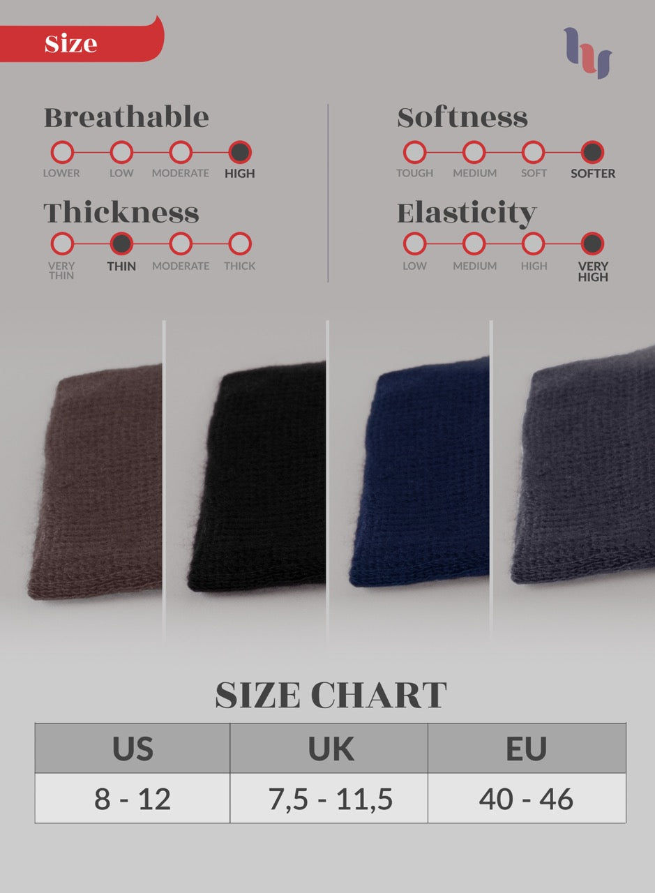 Textured fabric brown, black, navy blue, charcoal grey socks swatches with size chart and rating labels on a gray background