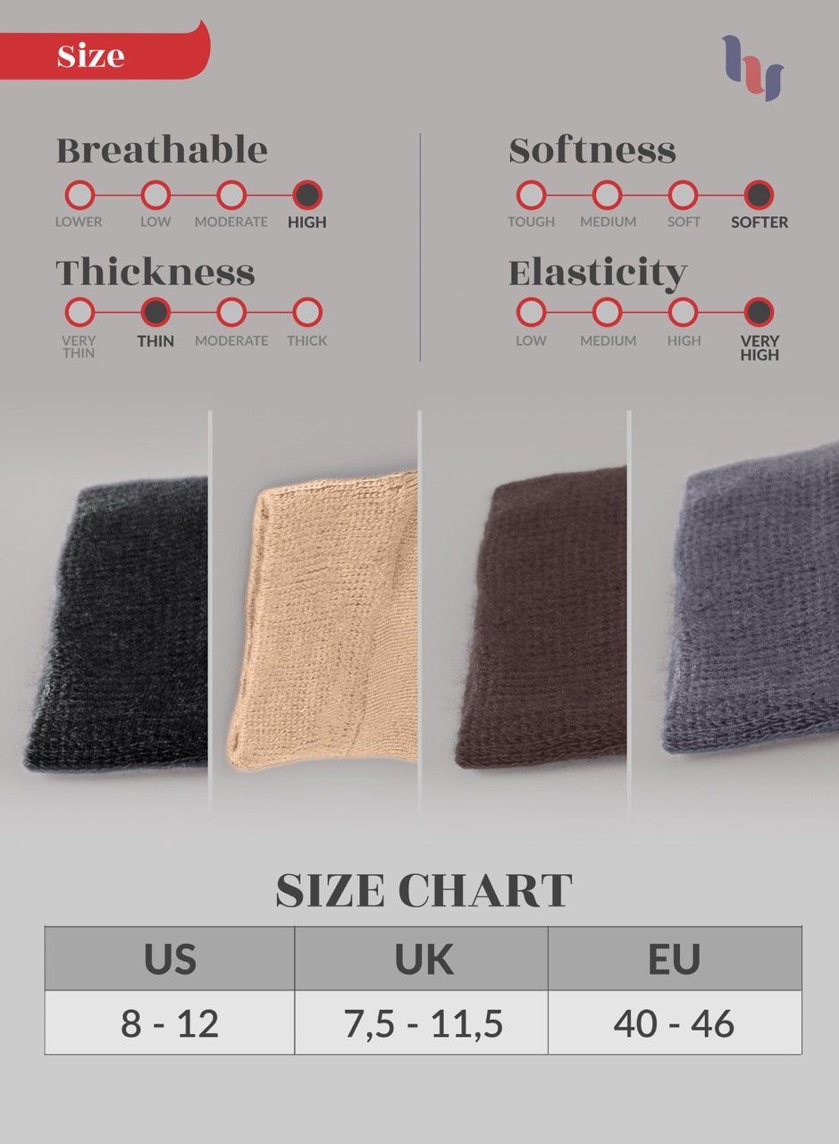 Fabric texture charcoal, beige, dark brown, navy blue socks sample with size chart on a gray background