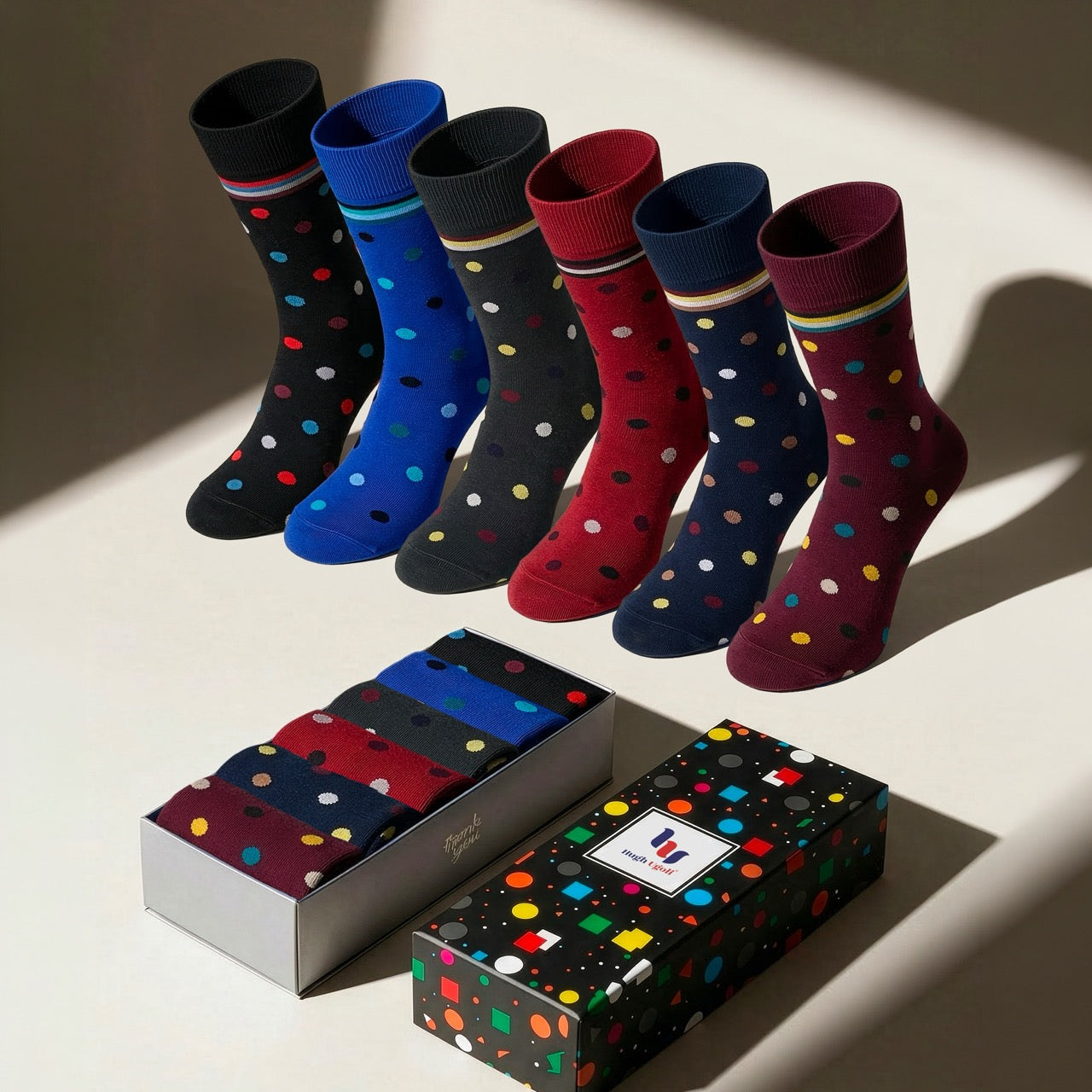 Hugh Ugoli Men's Cotton Crew Casual Fancy Dotted Socks - assorted colors