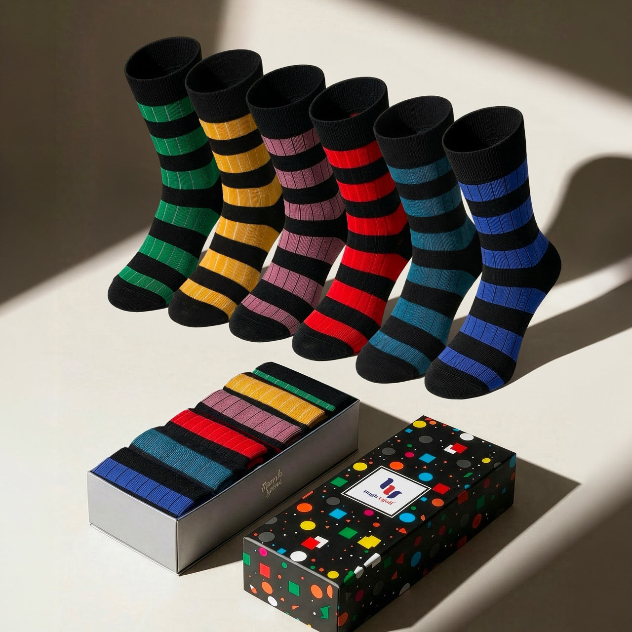 Hugh Ugoli Men's Cotton Crew Casual Fancy Stripe Socks - assorted colors
