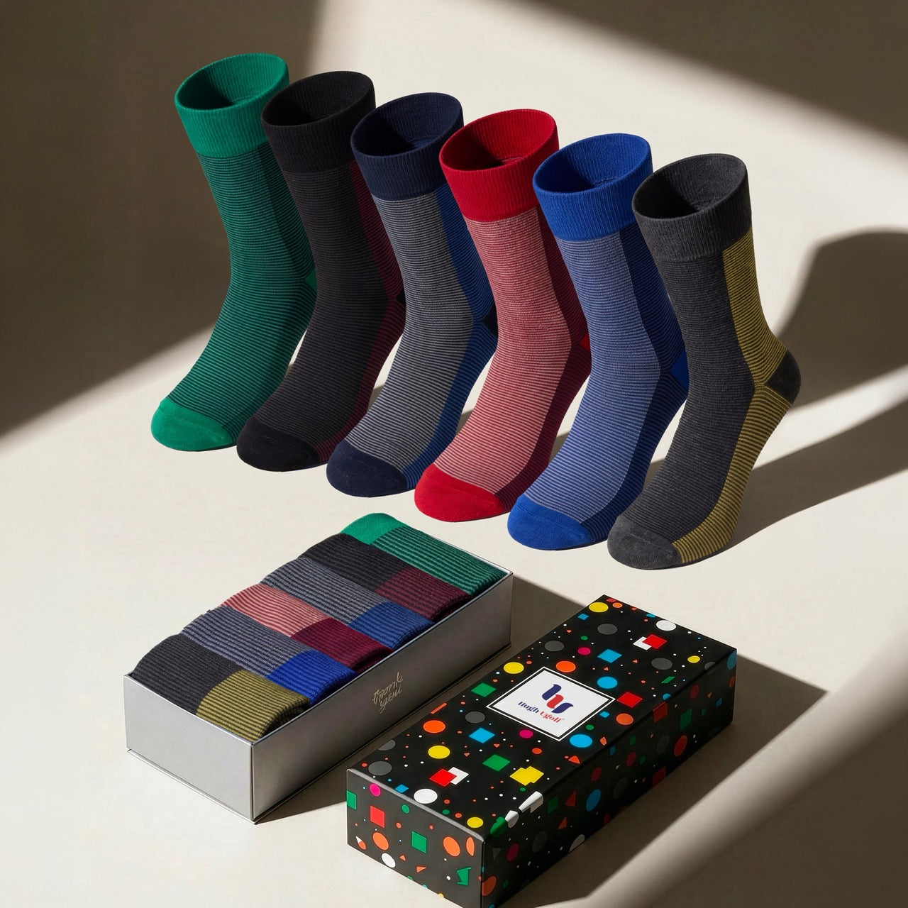 Hugh Ugoli Men's Cotton Crew Casual Thin Stripe Socks - assorted colors