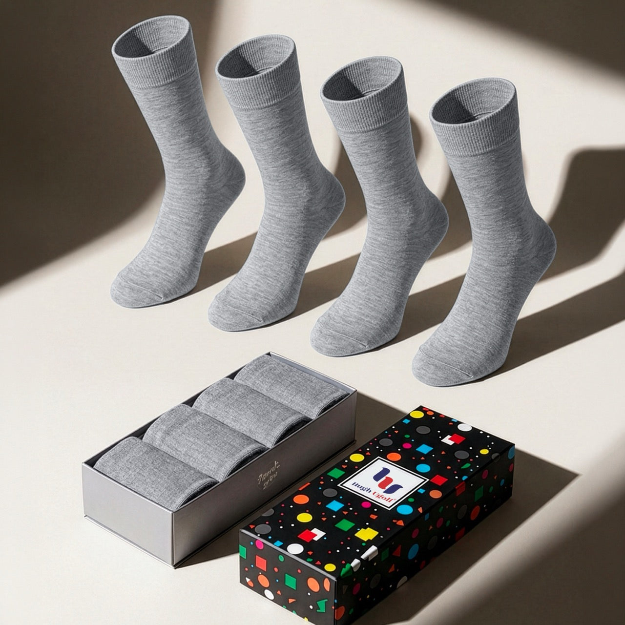 Hugh Ugoli Men's Cotton Dress Seamless Toe Business Crew Socks with Gift Box, 4 Pairs in Melange Grey